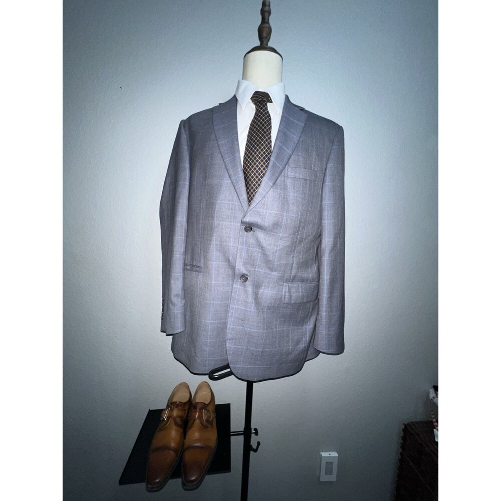 Jos A Bank Signature Men’s 44L Navy Blue Wool Chelsea Windowpane Blazer Coat